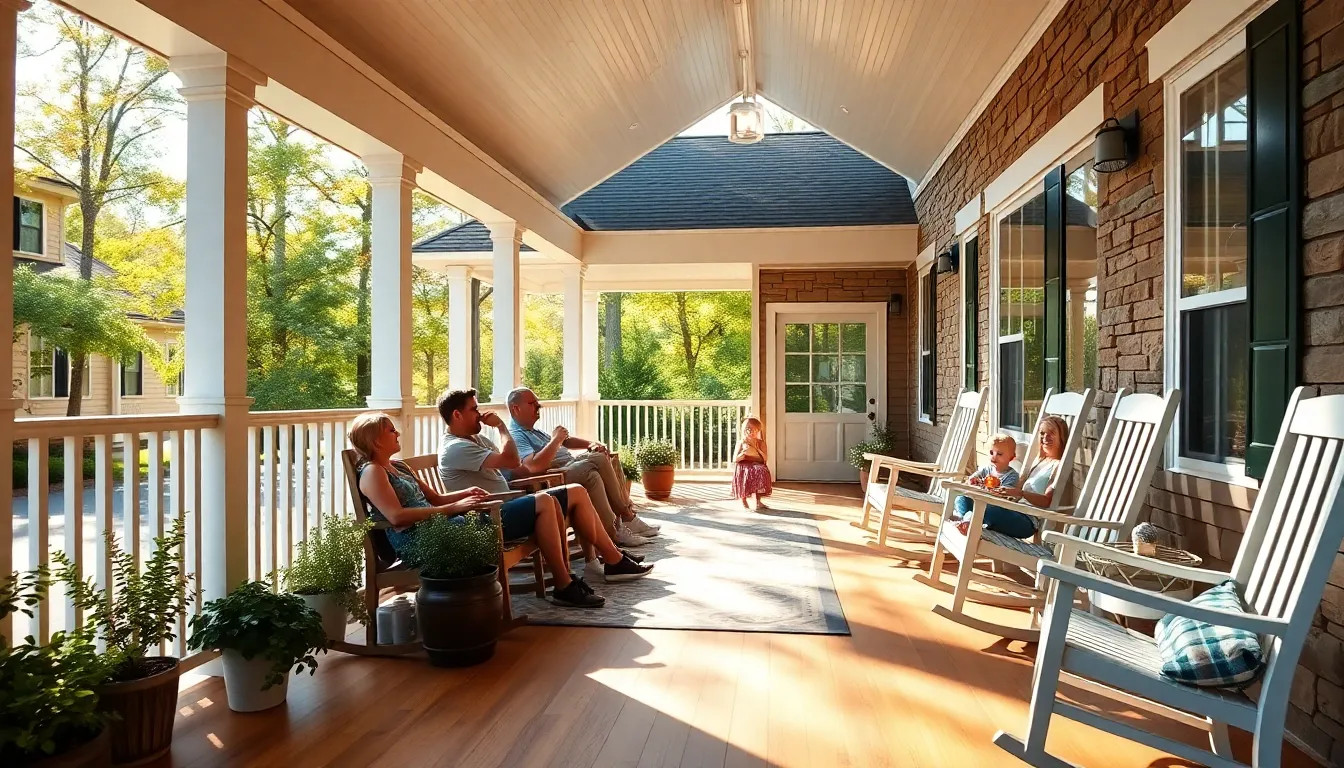 charming farmhouse with a wrap around porch and family enjoying the outdoors.