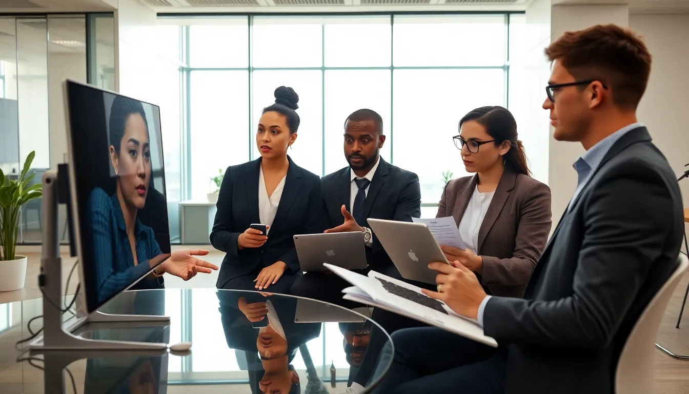 diverse journalists discussing news in a modern newsroom setting.