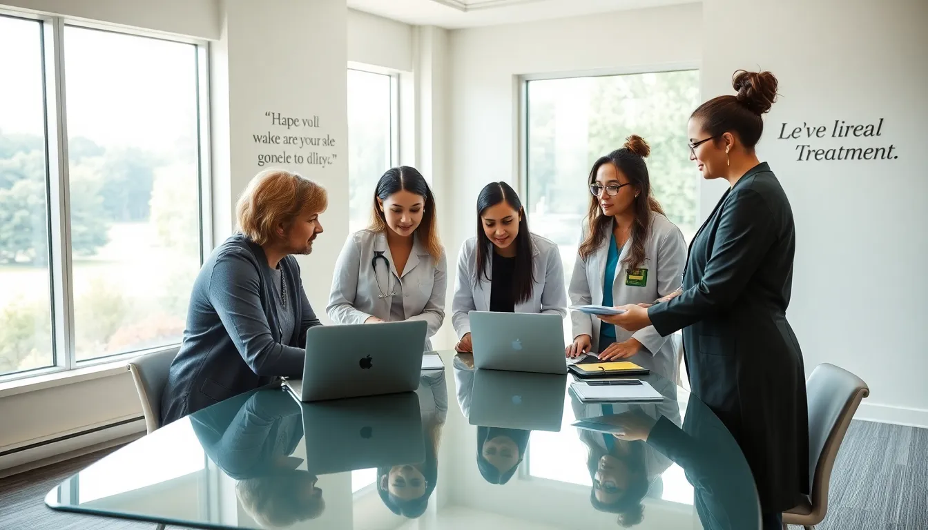 diverse rehab team collaborating in a modern treatment center.
