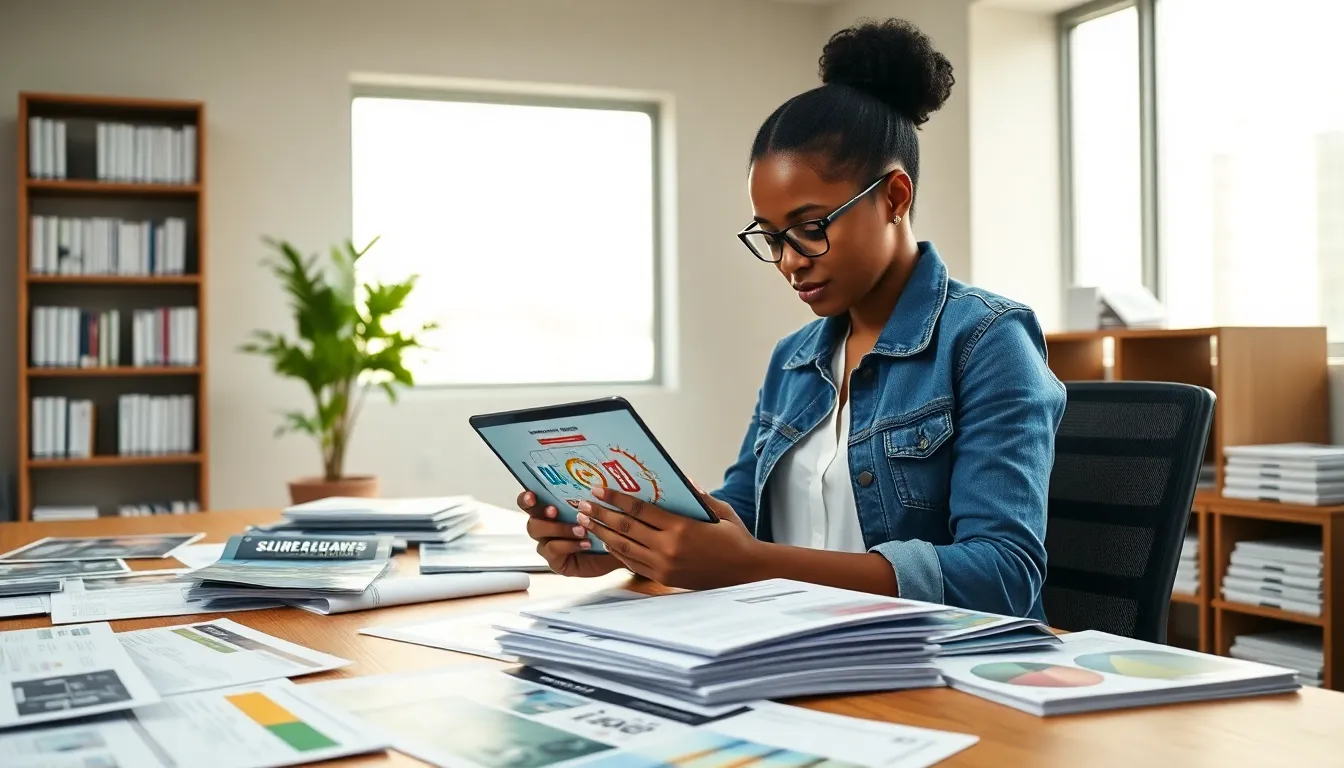 A woman reviewing energy efficiency materials in a bright office.