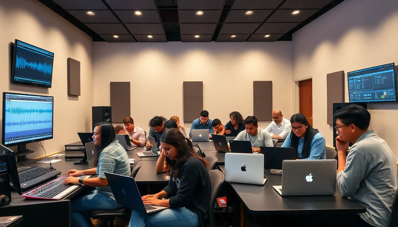 students collaborating in a music production classroom.