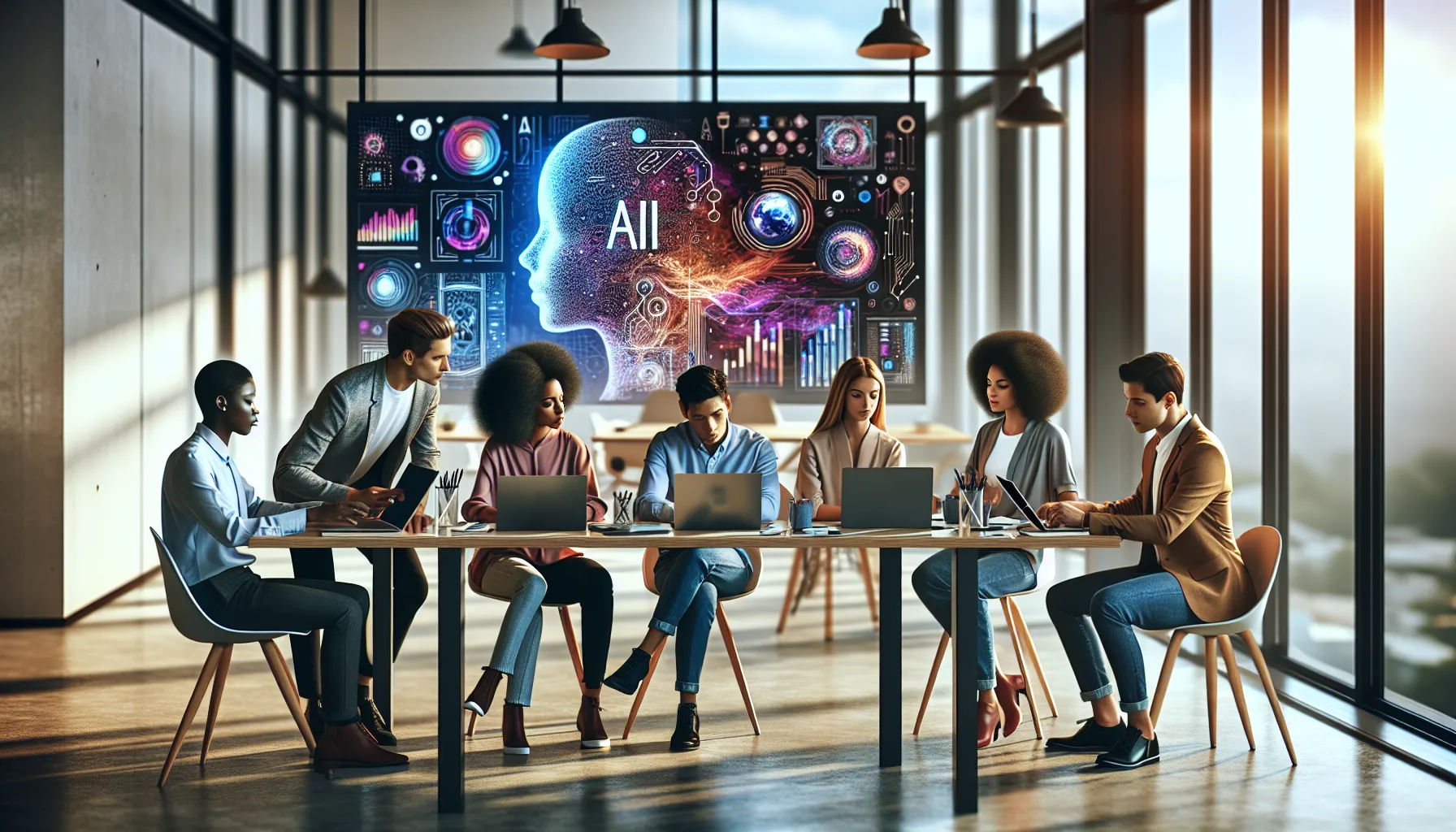 diverse team collaborating in a modern workspace on AI graphic design.