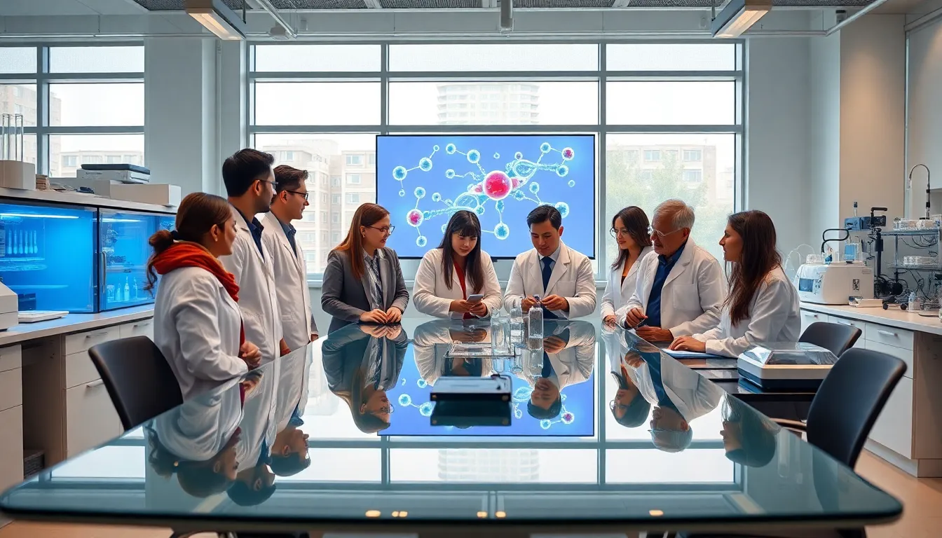 diverse team discussing biotechnology in a modern lab.