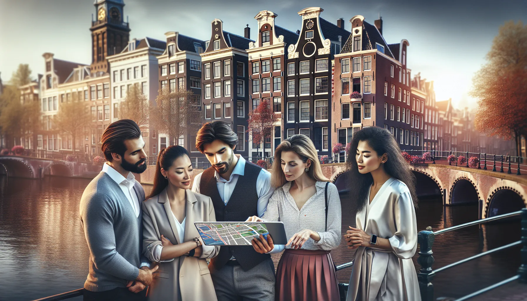 professionals discussing Amsterdam's coordinates by picturesque canals.