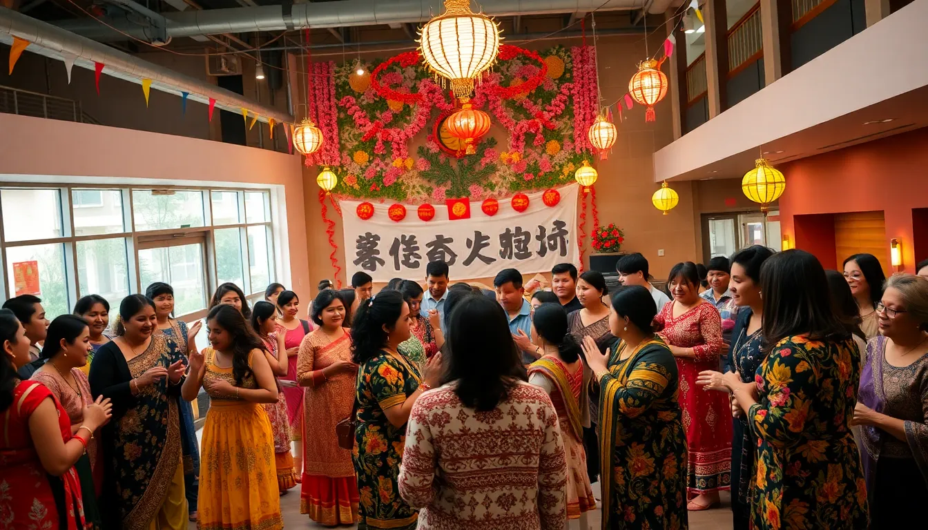 diverse group celebrating زهذز in a community center.