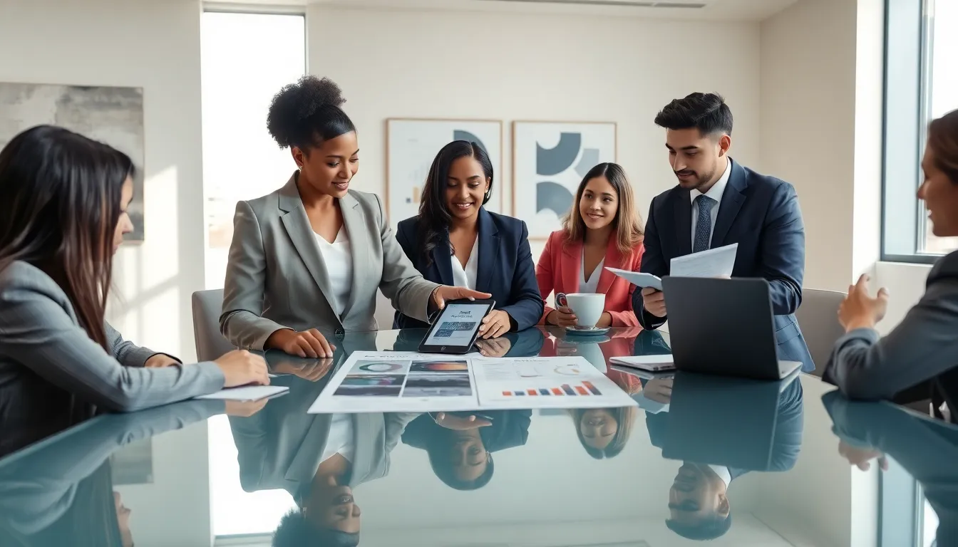 professionals discussing the Ibis World Report in a modern conference room.
