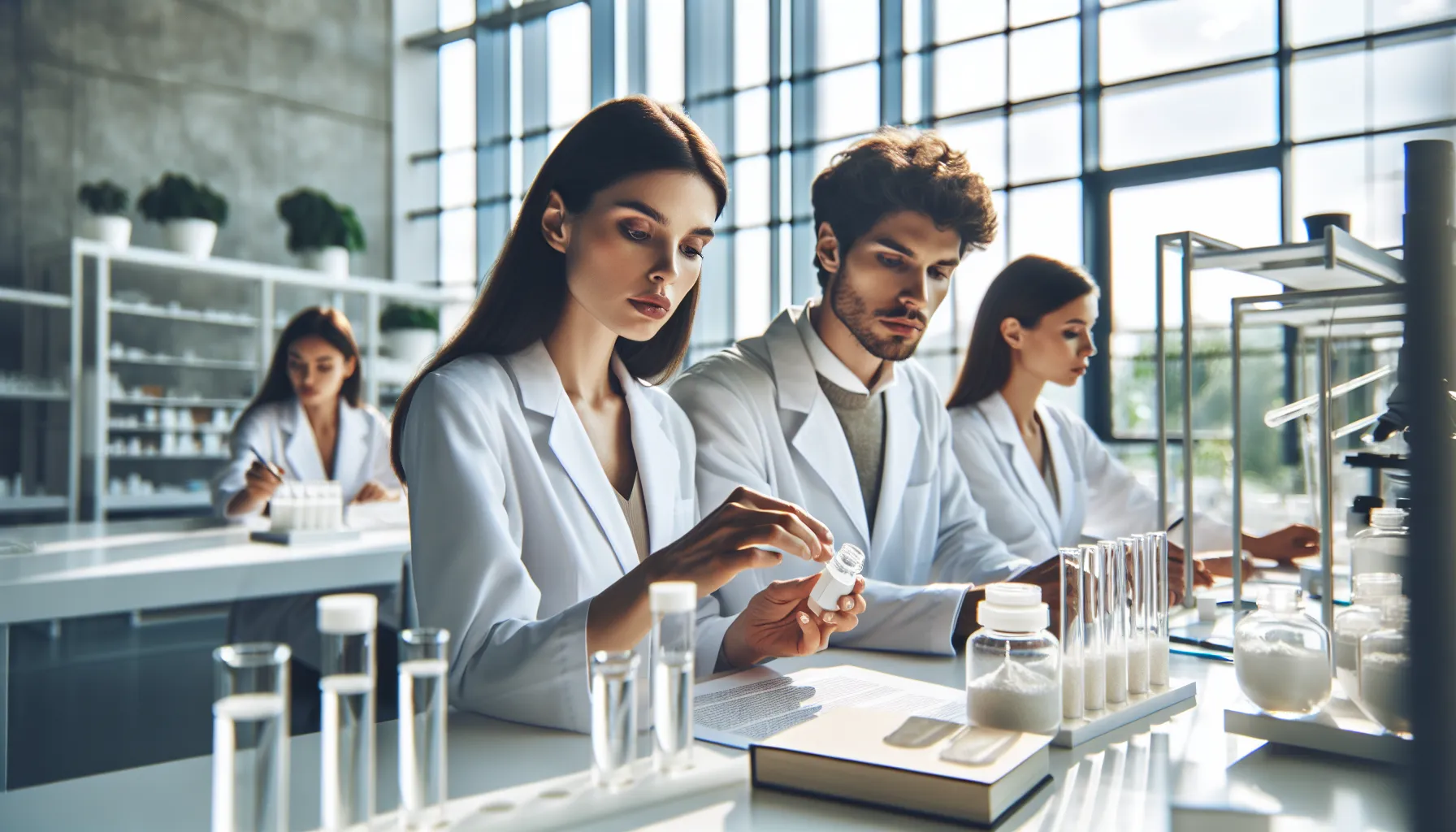 Scientists collaborating on eco-friendly sunscreen formulations with Mitacium Dizovid.