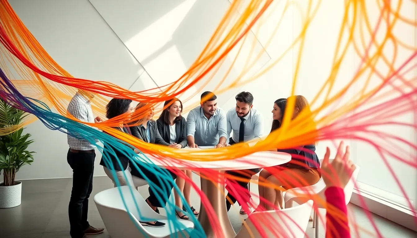 Diverse professionals collaborating around a colorful tapestry of identities.