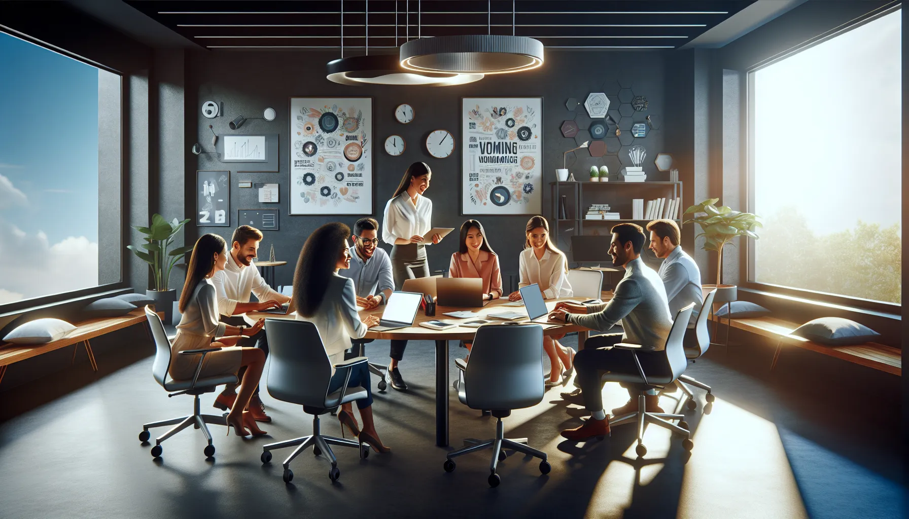 diverse individuals collaborating in a modern digital workspace.