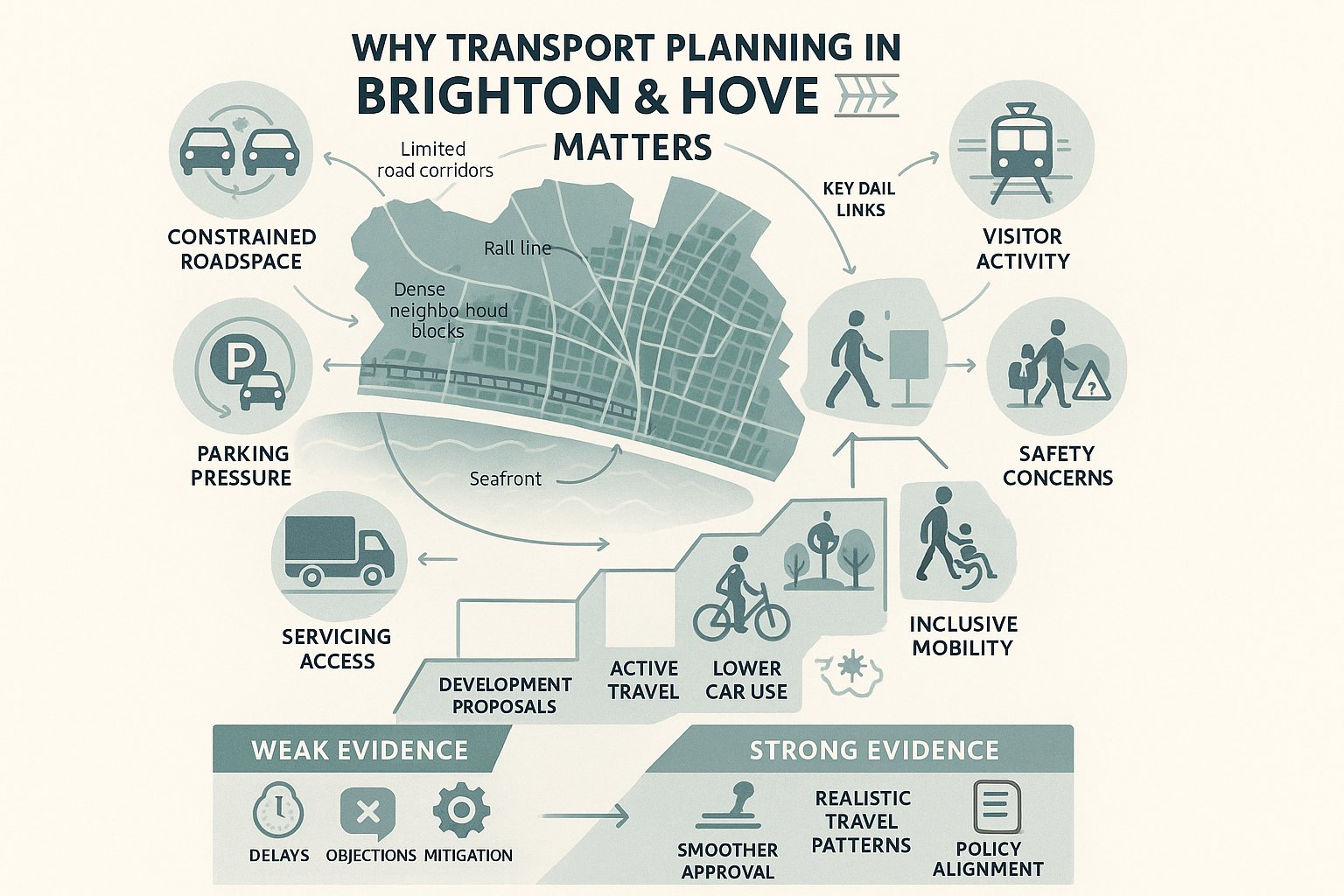 Infographic of Brighton and Hove transport planning pressures, policy goals and development impacts.