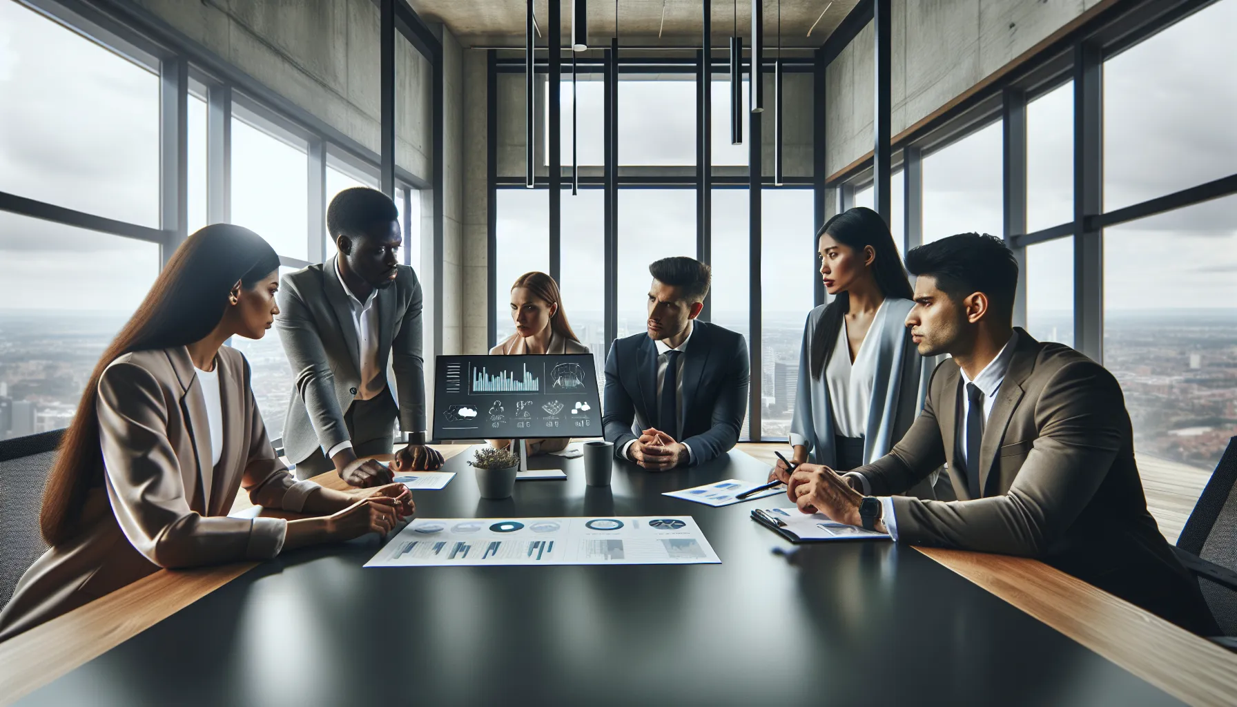 diverse team discussing customer service in a modern office setting.