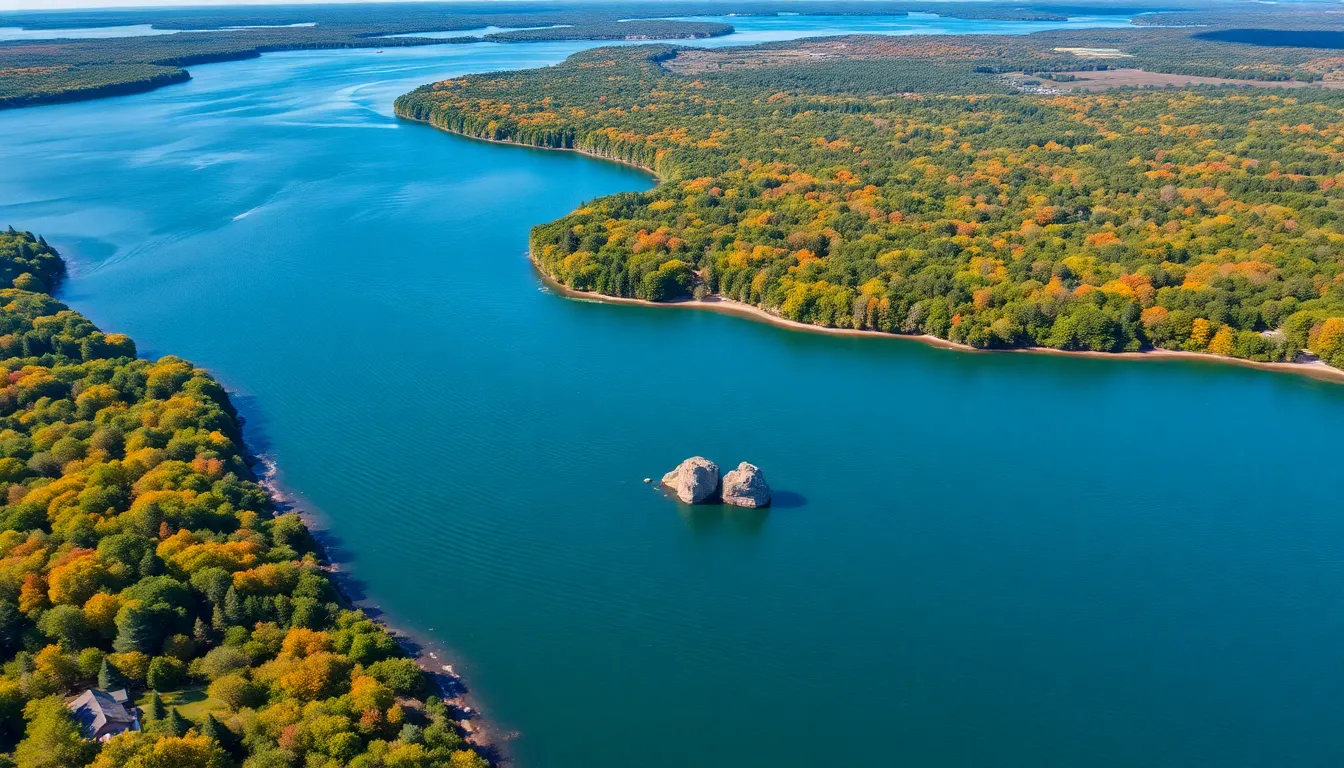Aerial view of WcgTlake surrounded by lush greenery.
