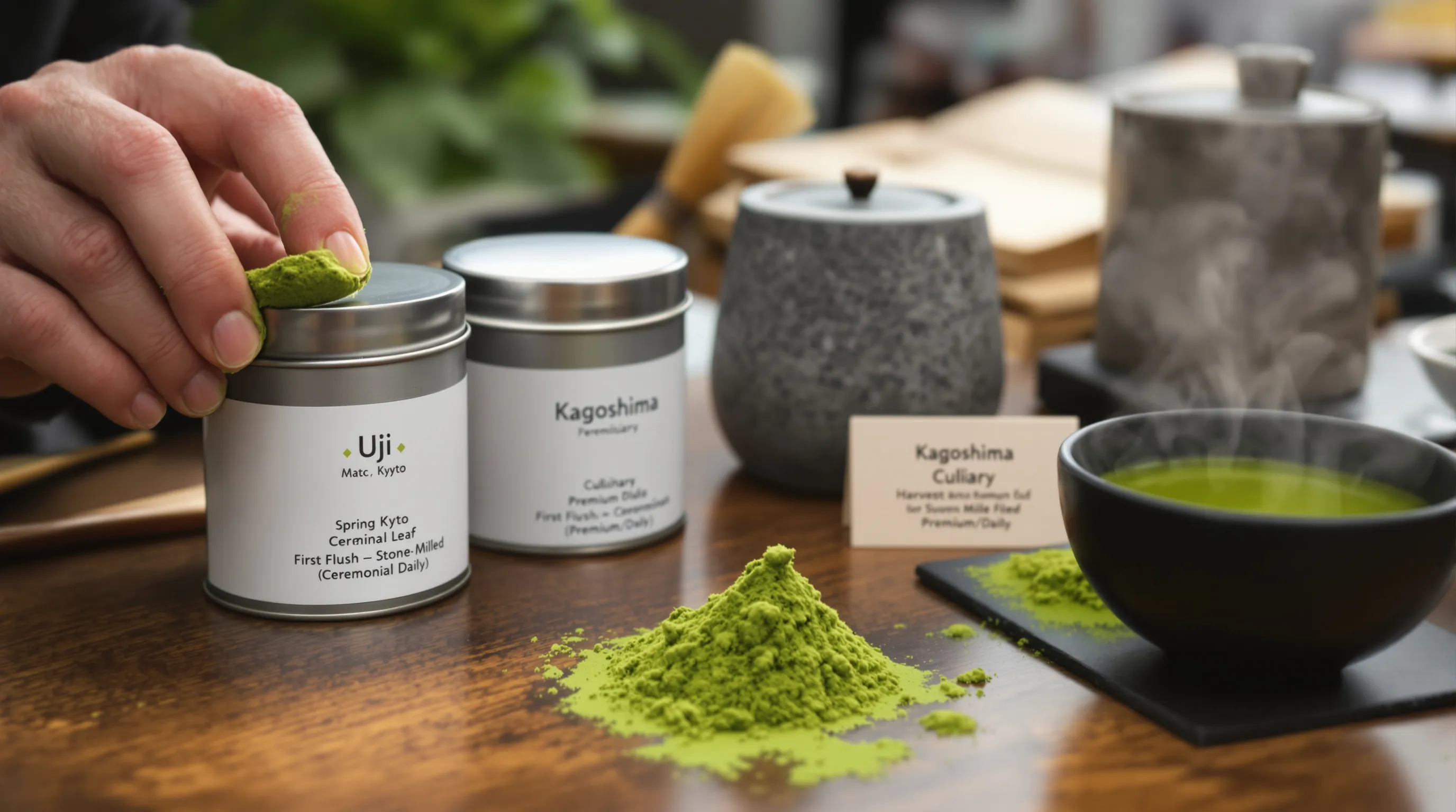 Irish cafe hand smears bright green matcha to test texture and grade.