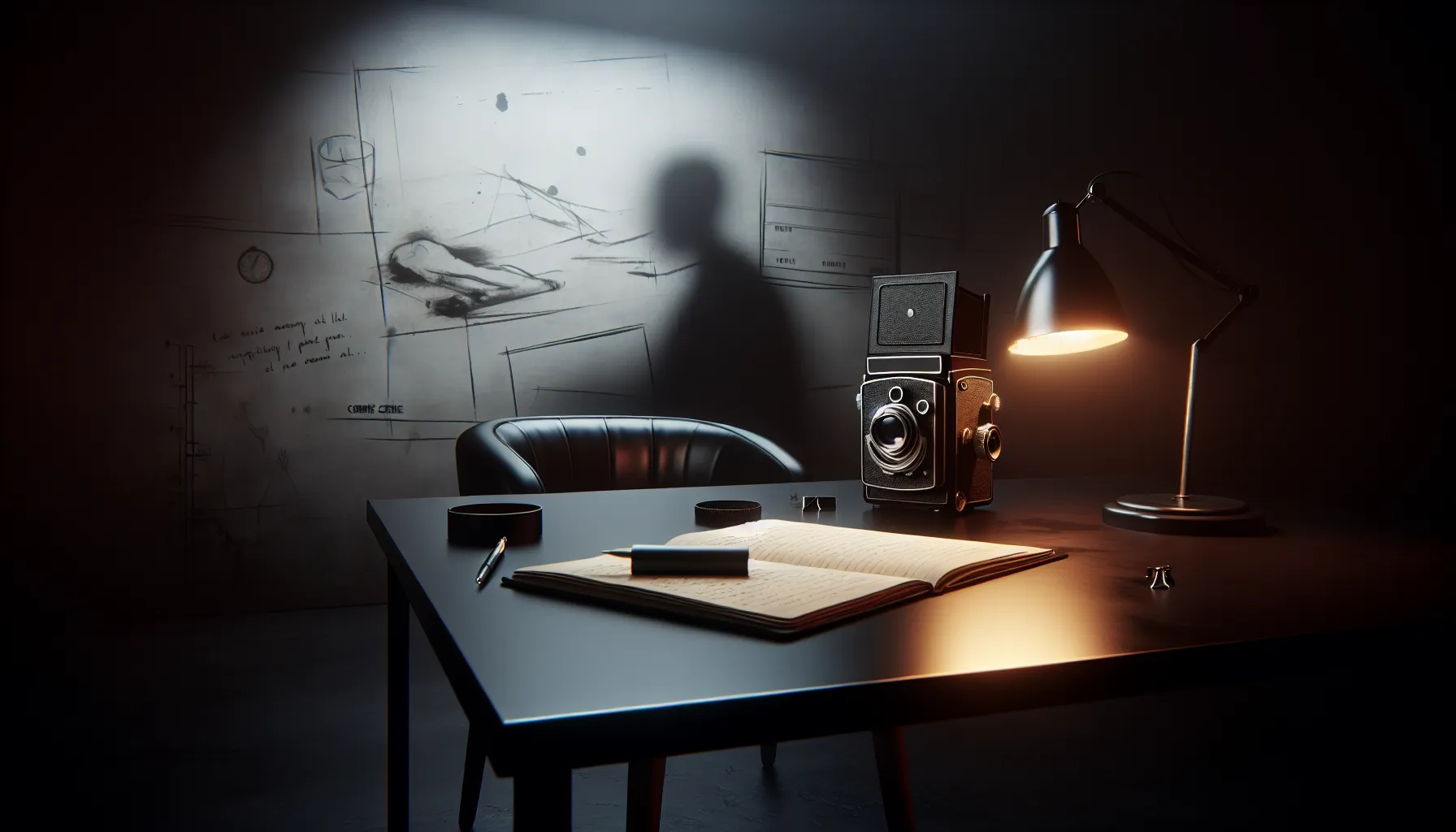 True Crime Magazine Polaroid Dahmer: Unearthing the Sinister Secrets 8 polaroid camera in a dim office reflecting true crime themes.