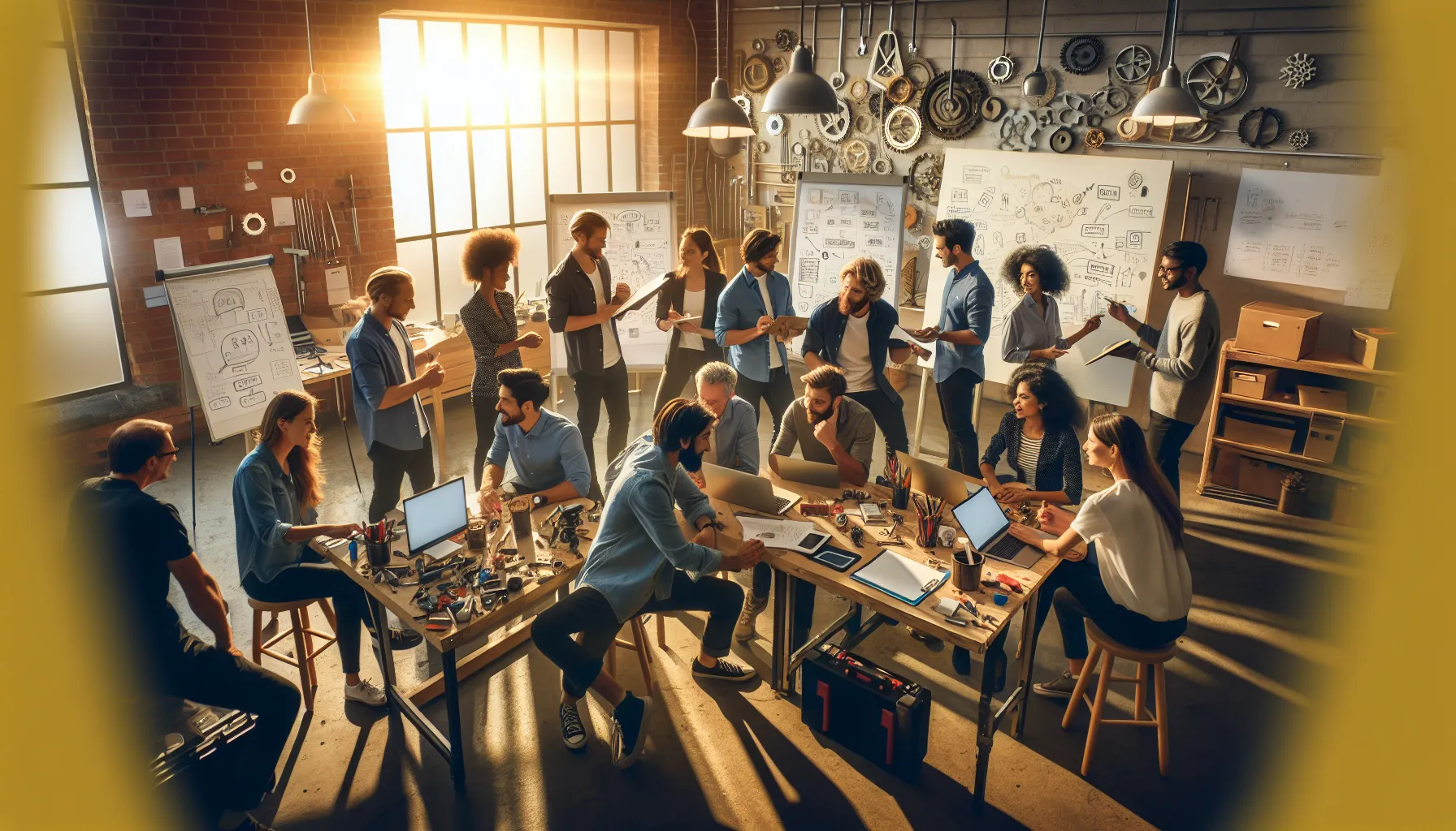 diverse team collaborating in a bright garage workspace.