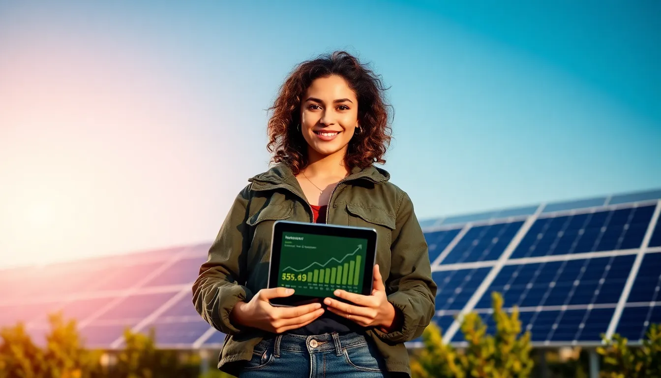 Naomi Bennett standing before solar panels, highlighting her work in renewable energy.