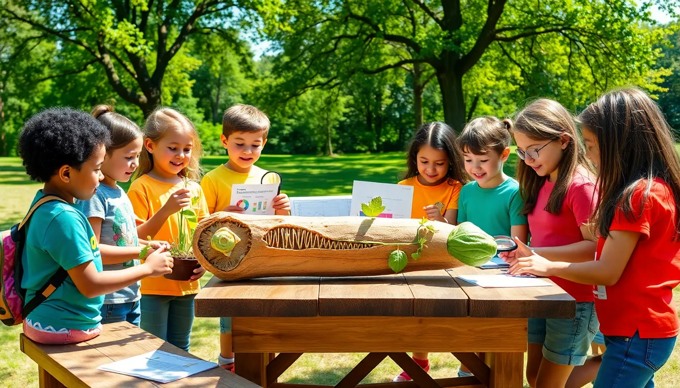 children learning about plant stems in an outdoor classroom.