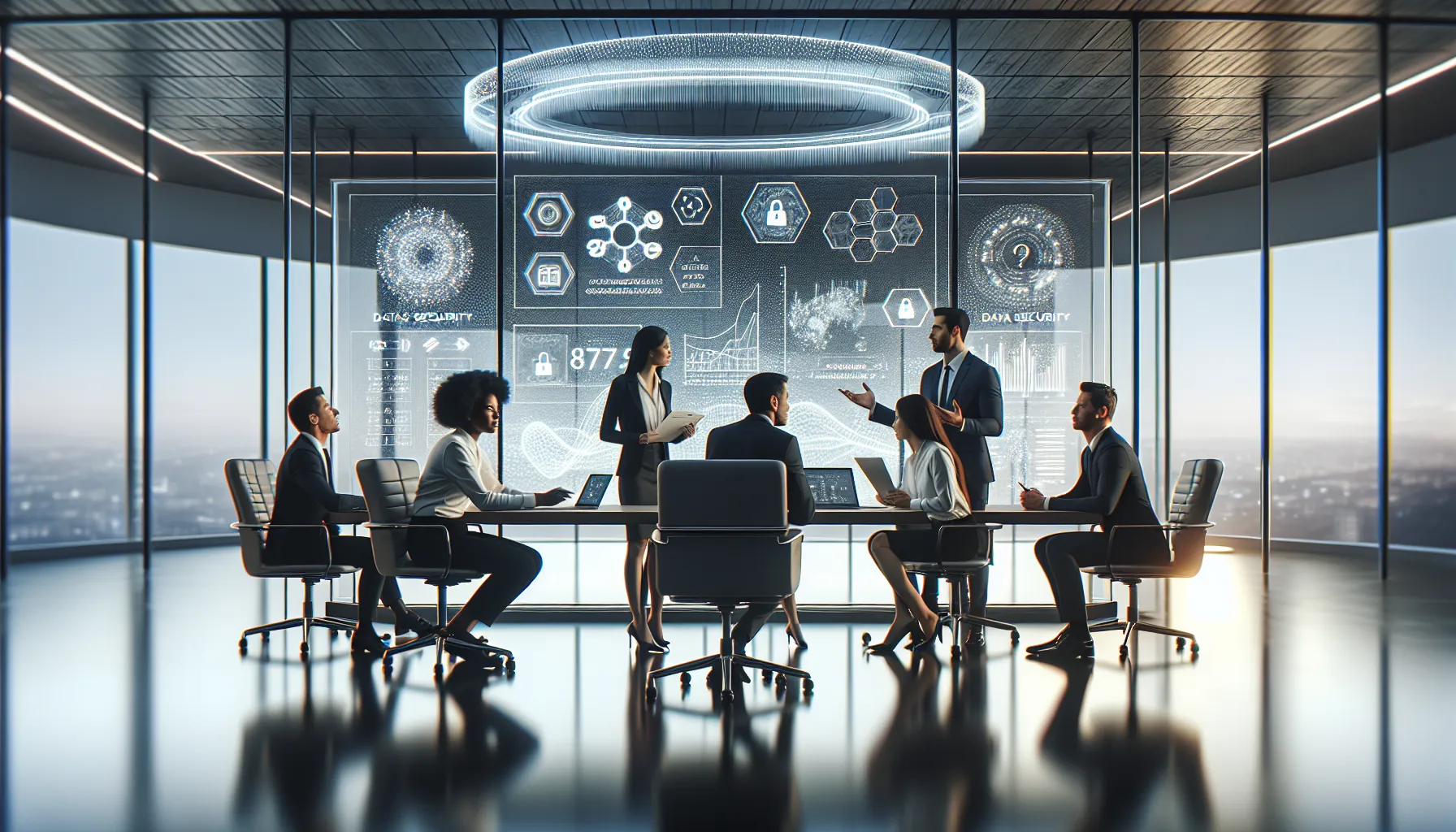 diverse team discussing future trends in data security and technology.
