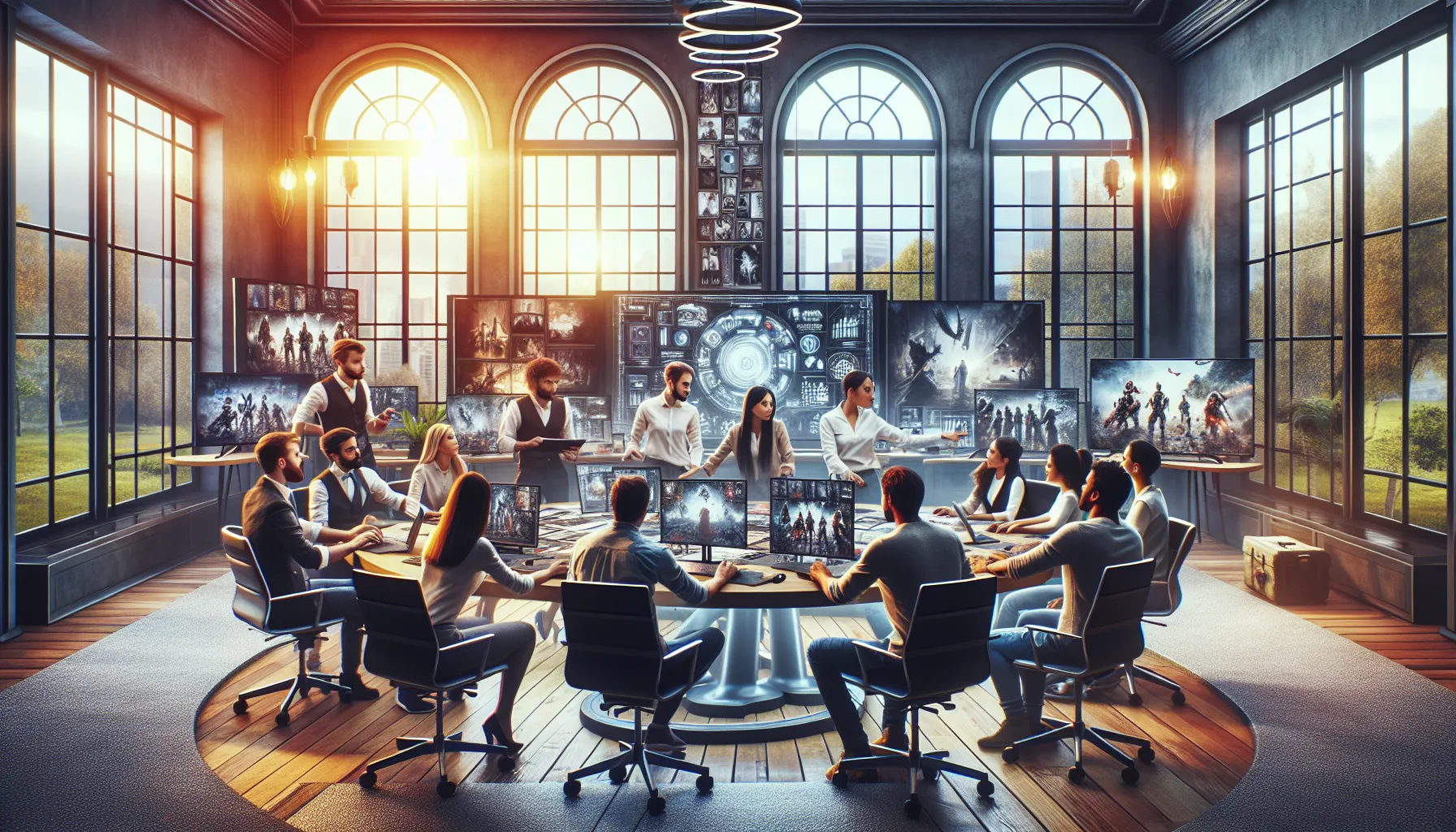 diverse team brainstorming in a modern gaming studio.