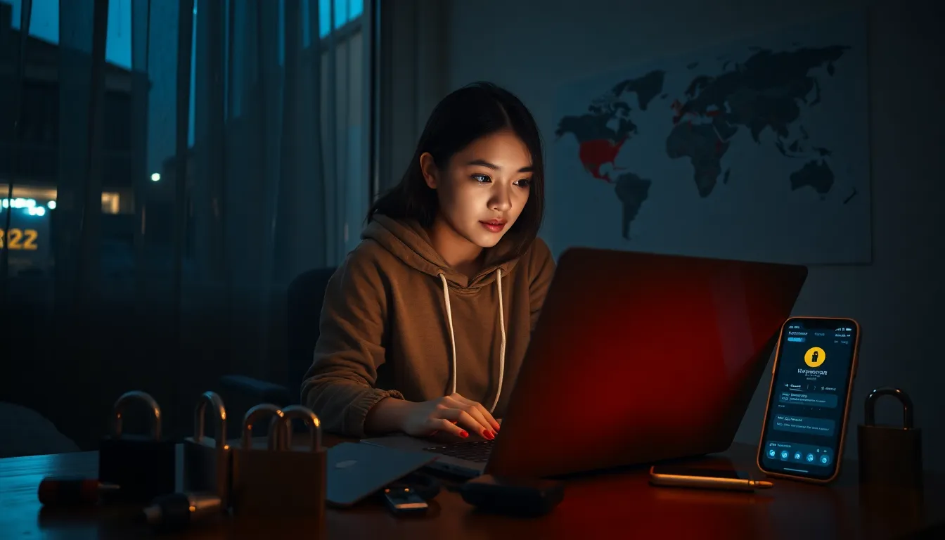 A young woman managing online privacy settings on her laptop in a dimly lit room.