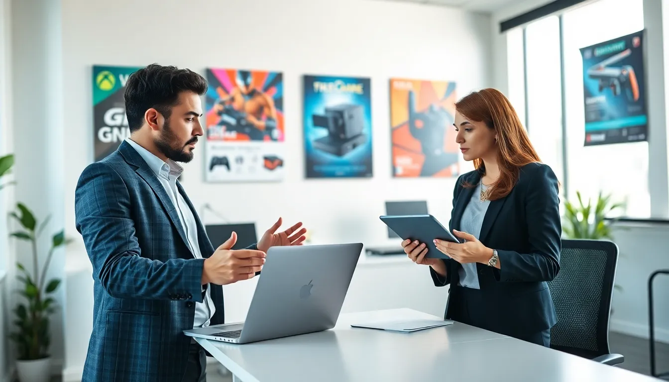 professionals discussing gaming tech in a modern office setting.