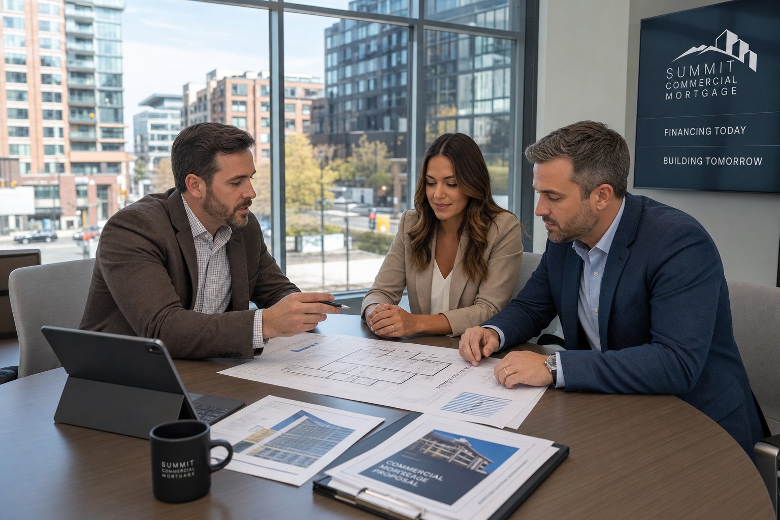 Commercial Mortgage Broker Stockport - Purchase and Refi 2 Commercial mortgage advisor meeting with business clients in a modern office overlooking city commercial buildings.