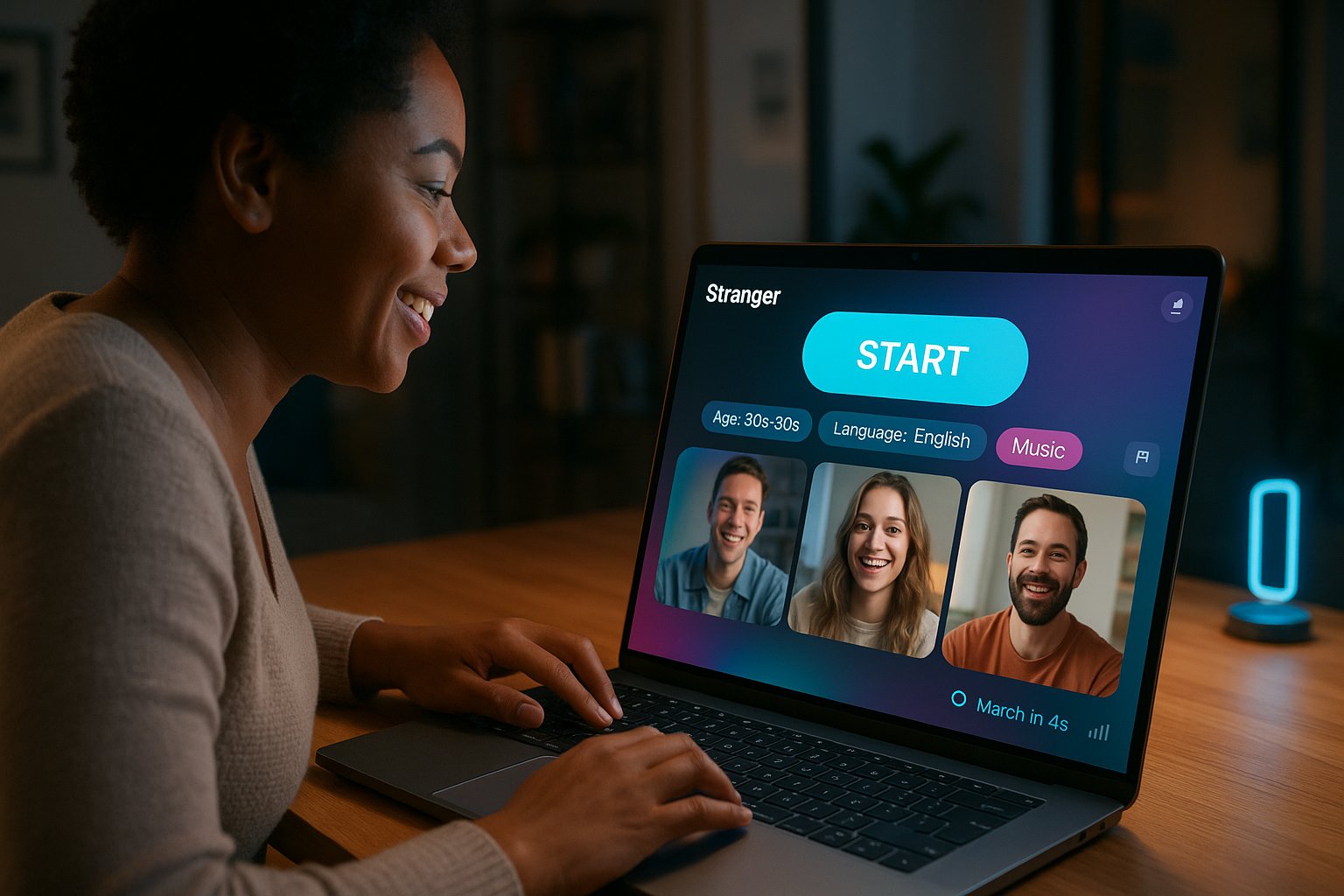 User at laptop using a streamlined stranger video-chat interface.