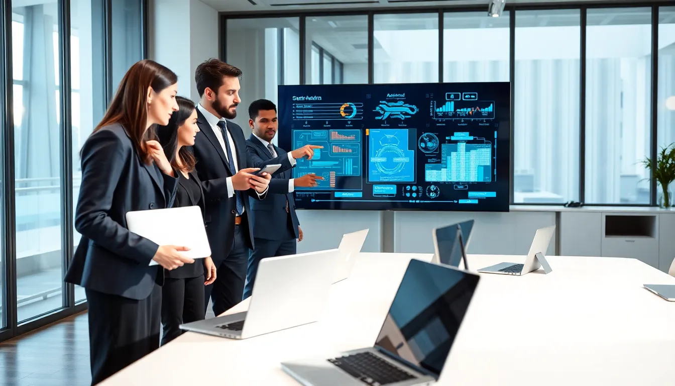 diverse team analyzing technology in a modern office setting.