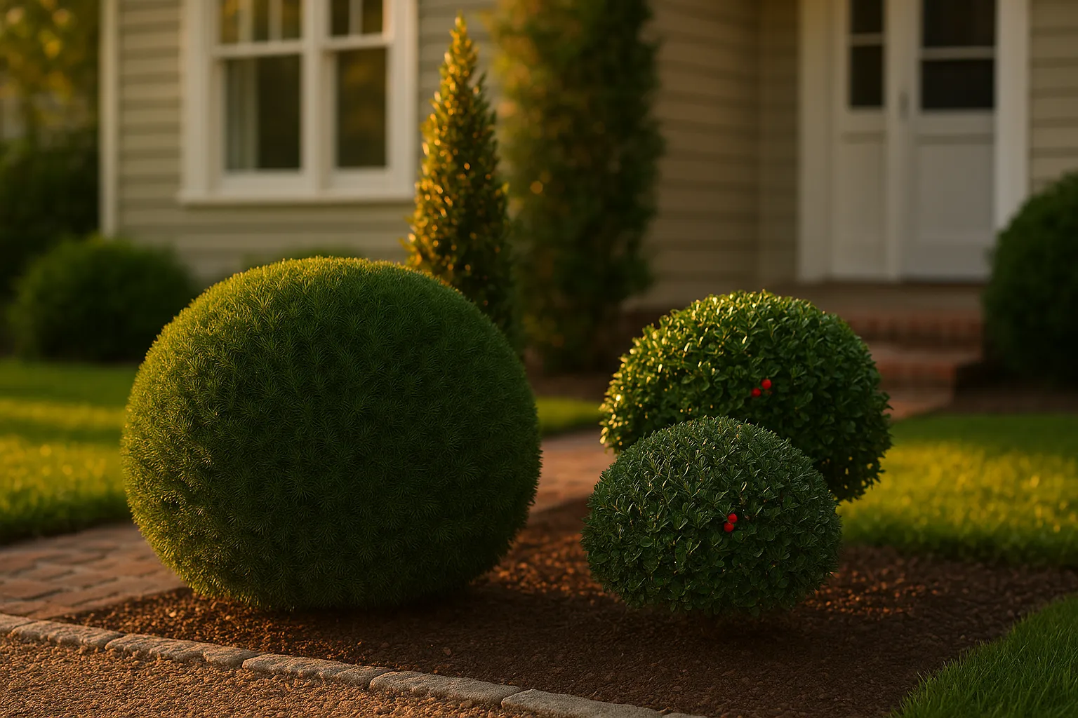 Three clipped evergreen alternatives to boxwood in a sunny suburban garden.