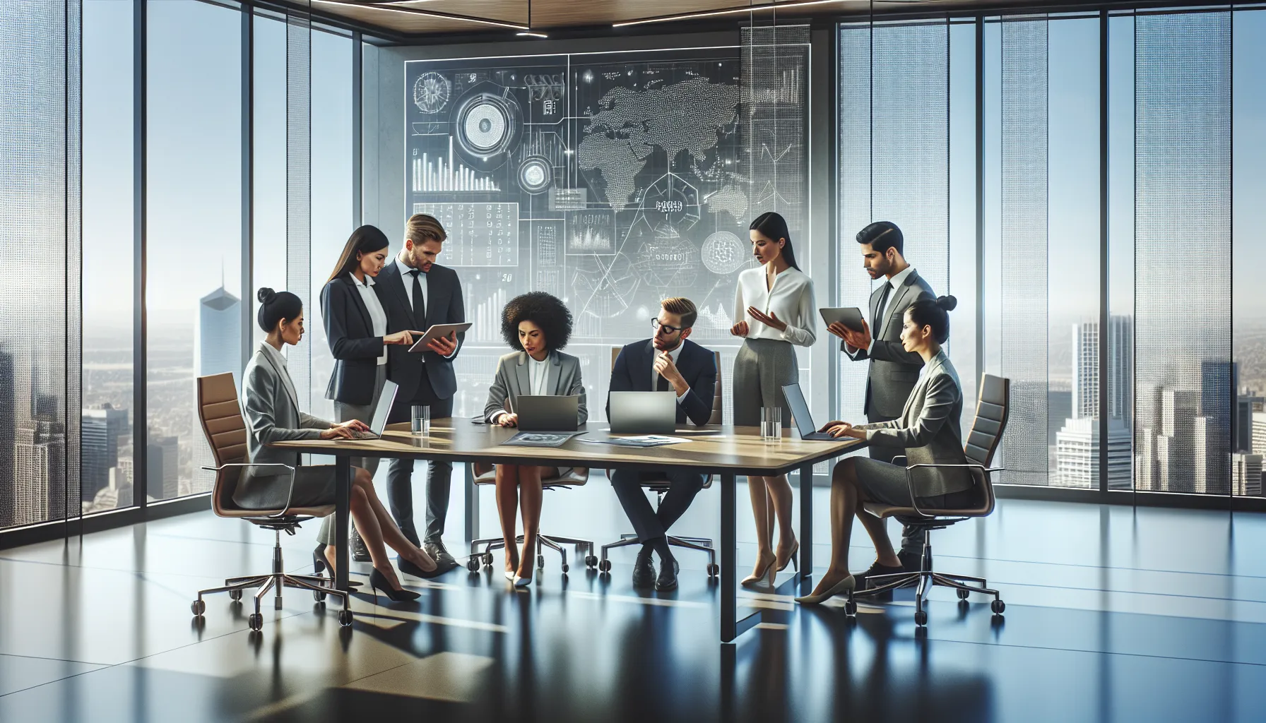 diverse professionals discussing data in a modern office setting.
