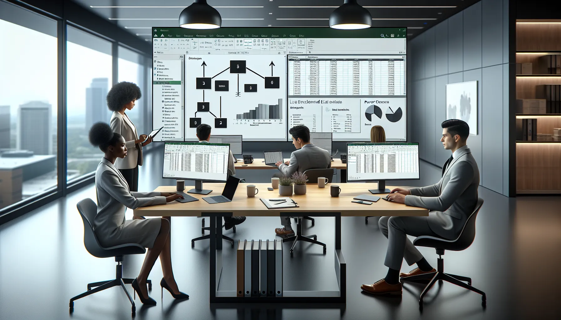 Data analysts connecting Excel to Power BI Desktop in a modern office setting.