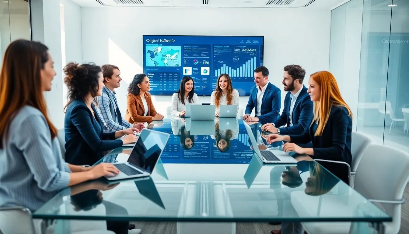 diverse team collaborating in a bright modern office setting.