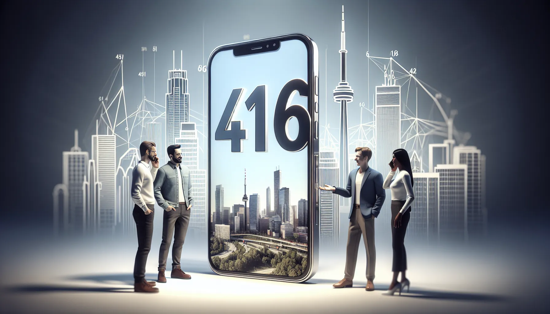graphic of area code 416 with Toronto skyline and diverse professionals.