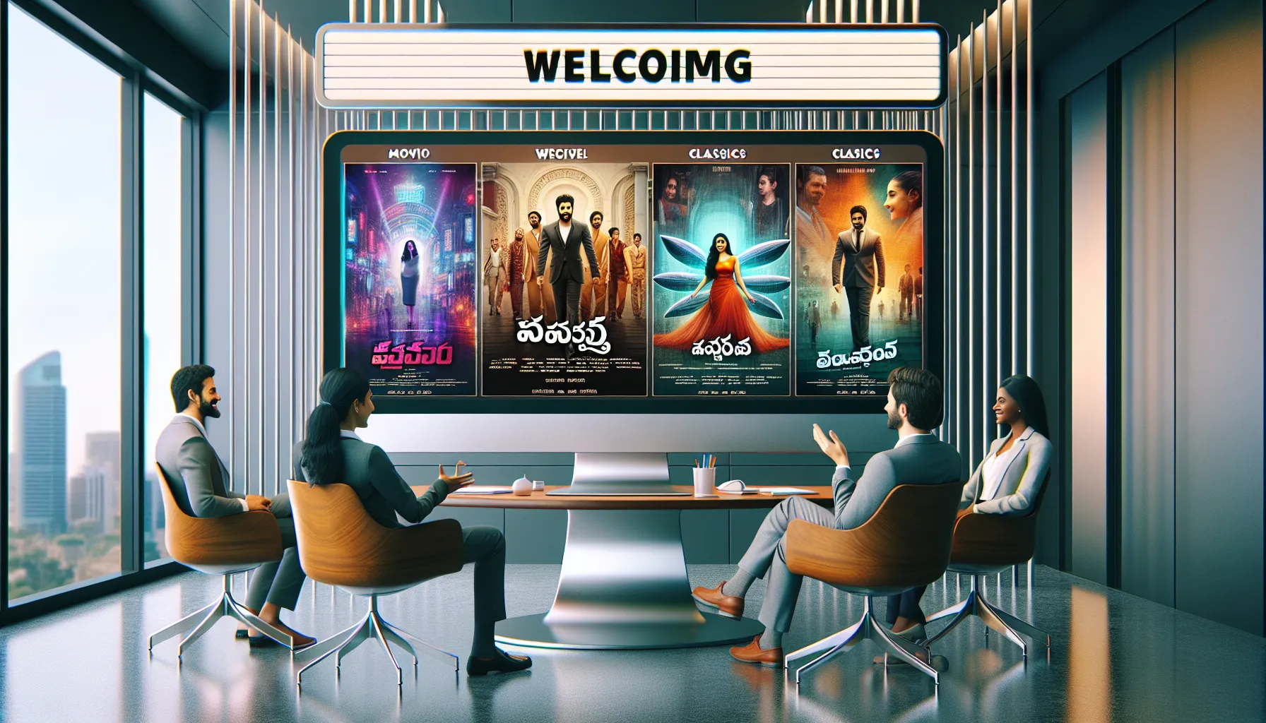 professionals discussing Telugu movies on a modern computer screen.