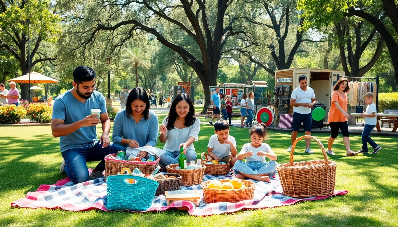 families enjoying a picnic at a local park.