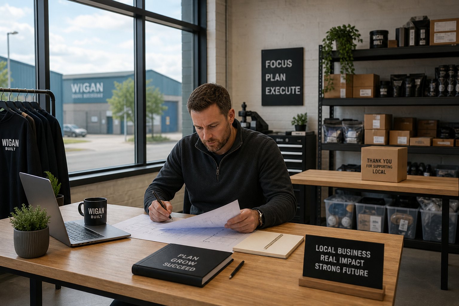 Business owner in a newly secured Wigan commercial unit reviewing plans in a bright, modern workspace with equipment and stock ready for operations.