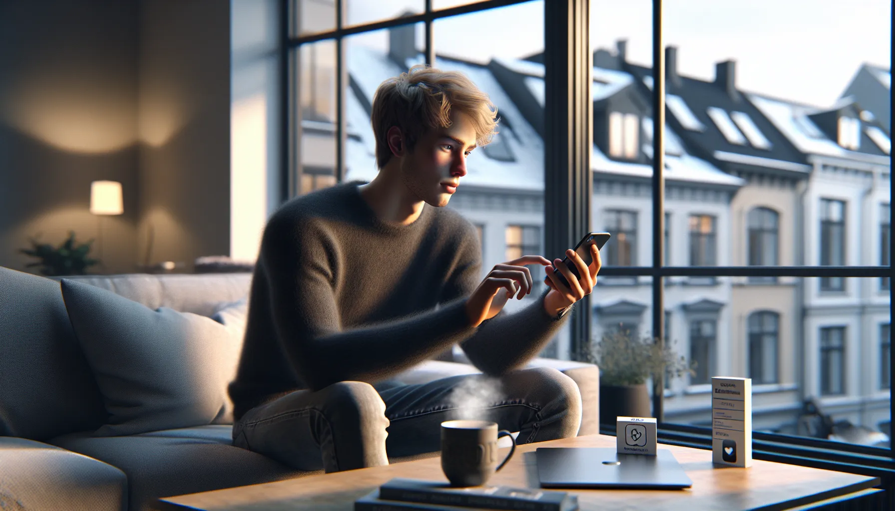 Person in a nordic apartment disabling phone background updates and notifications in settings.