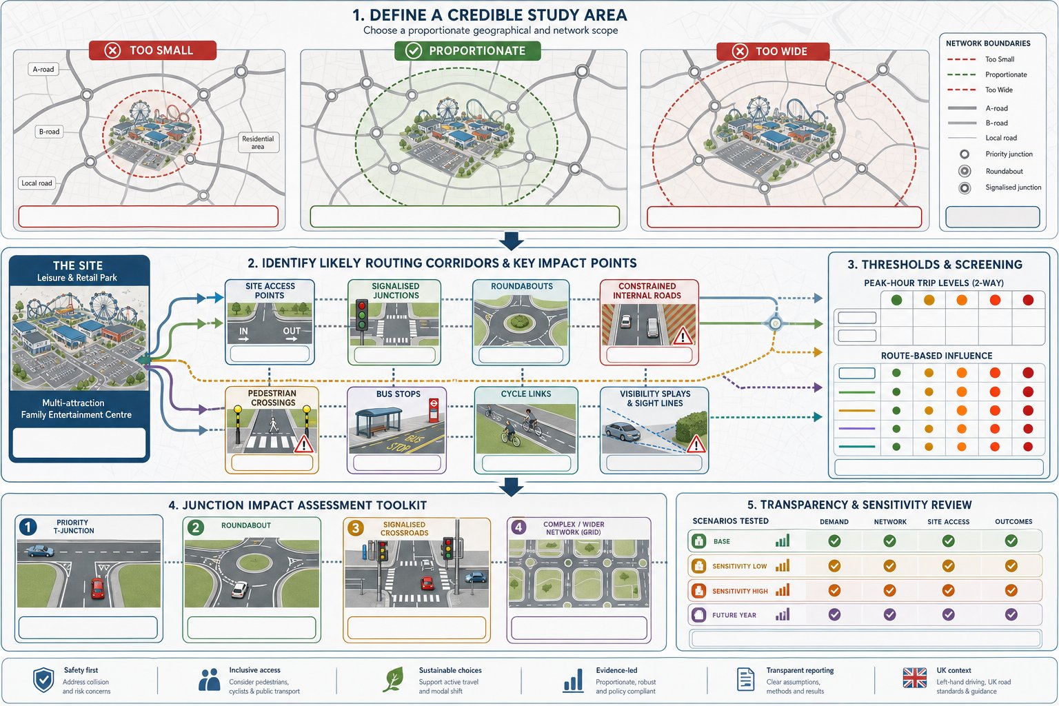 Infographic of study area selection and junction assessment for a UK leisure site.