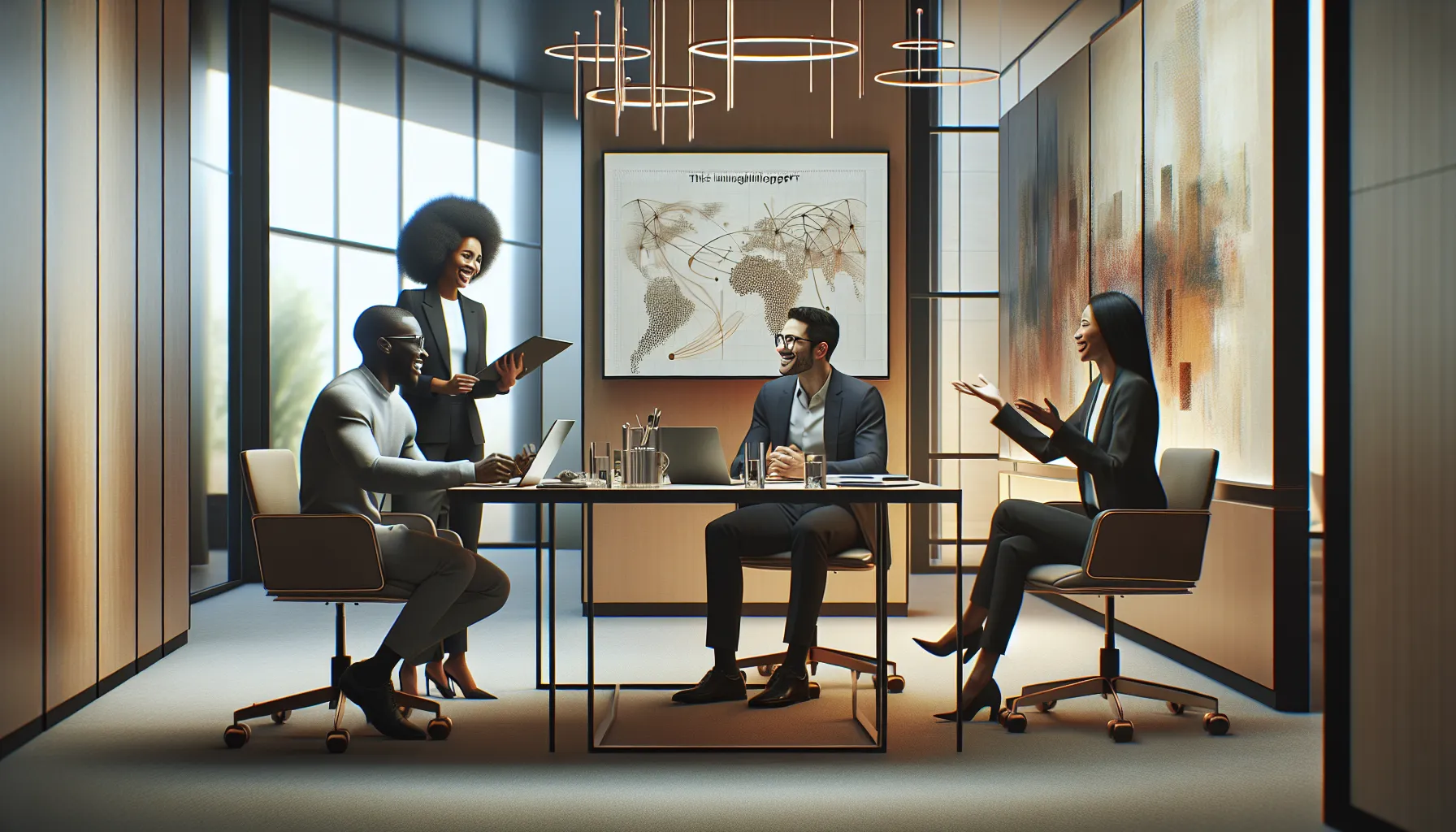 diverse professionals discussing ideas in a modern office setting.