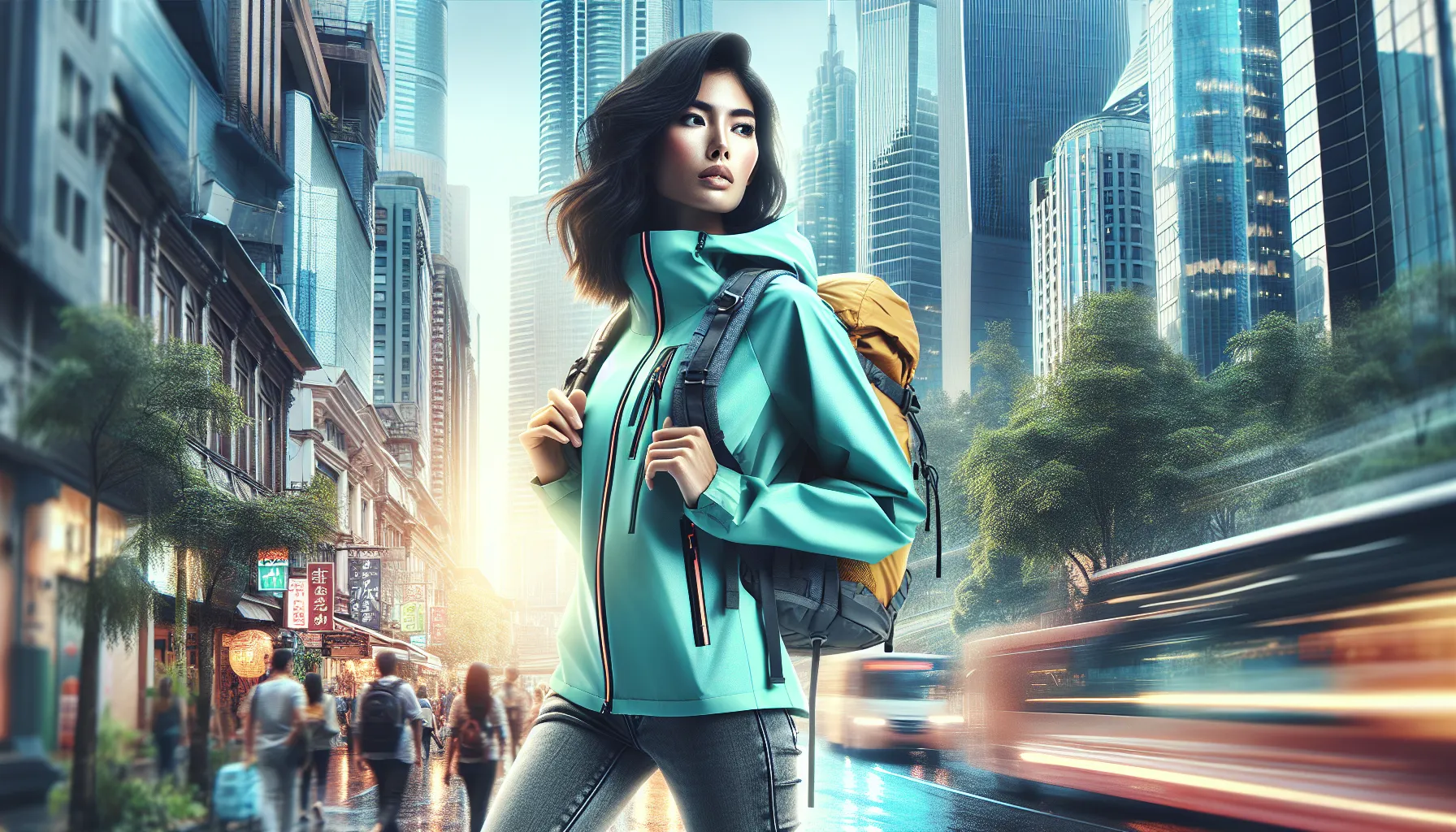 A woman in a Morzqux waterproof jacket walking in a city.