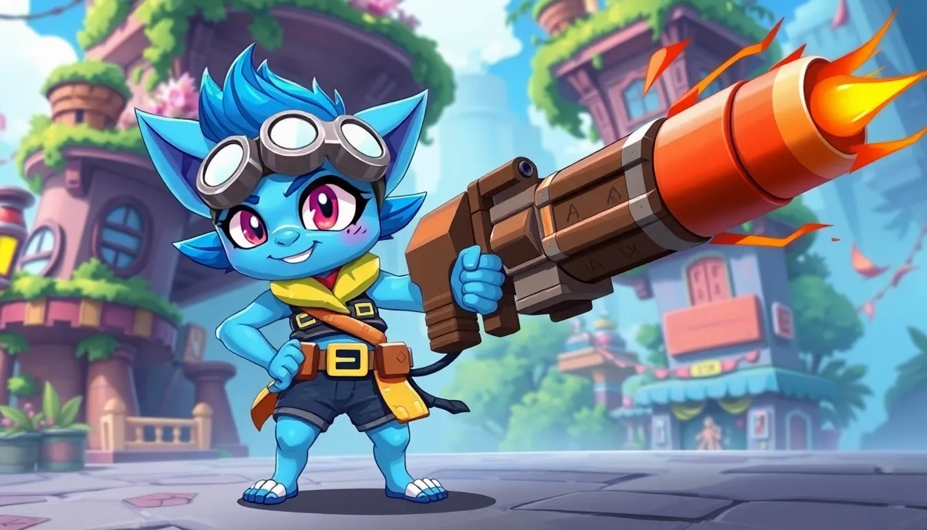 Tristana from League of Legends in a colorful battle scene.