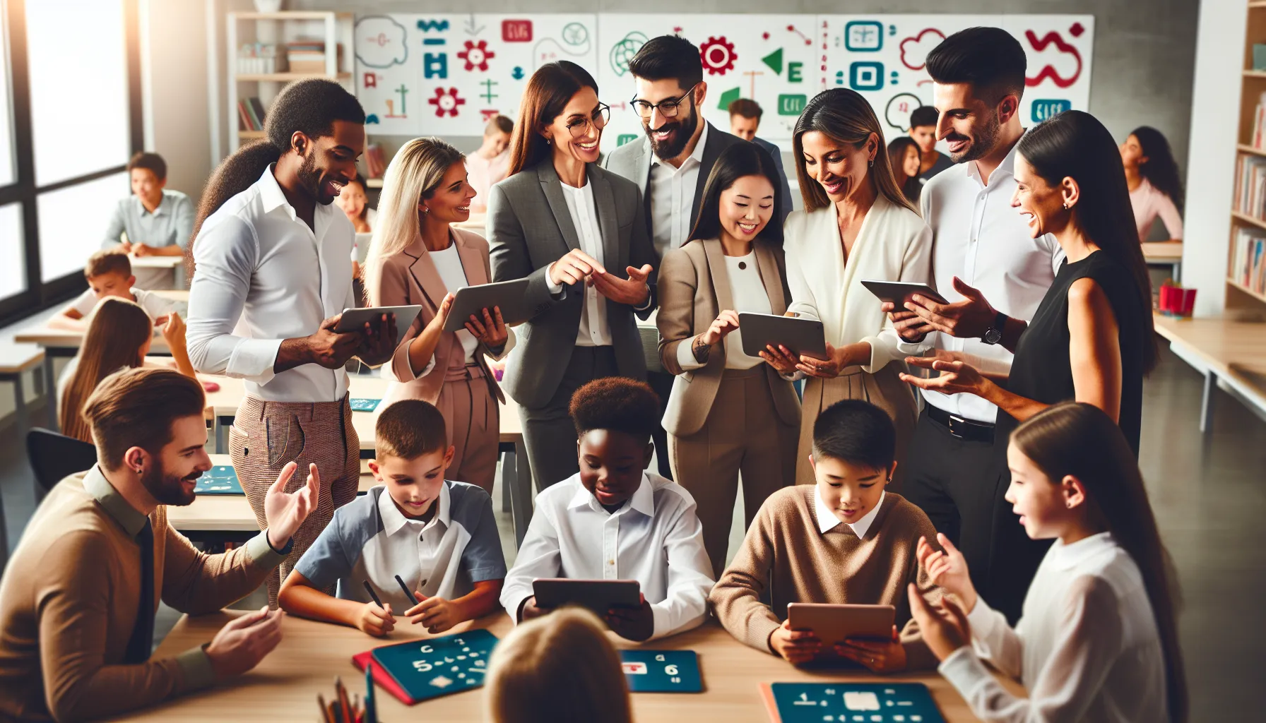 diverse educators and students in a modern math tutoring session.