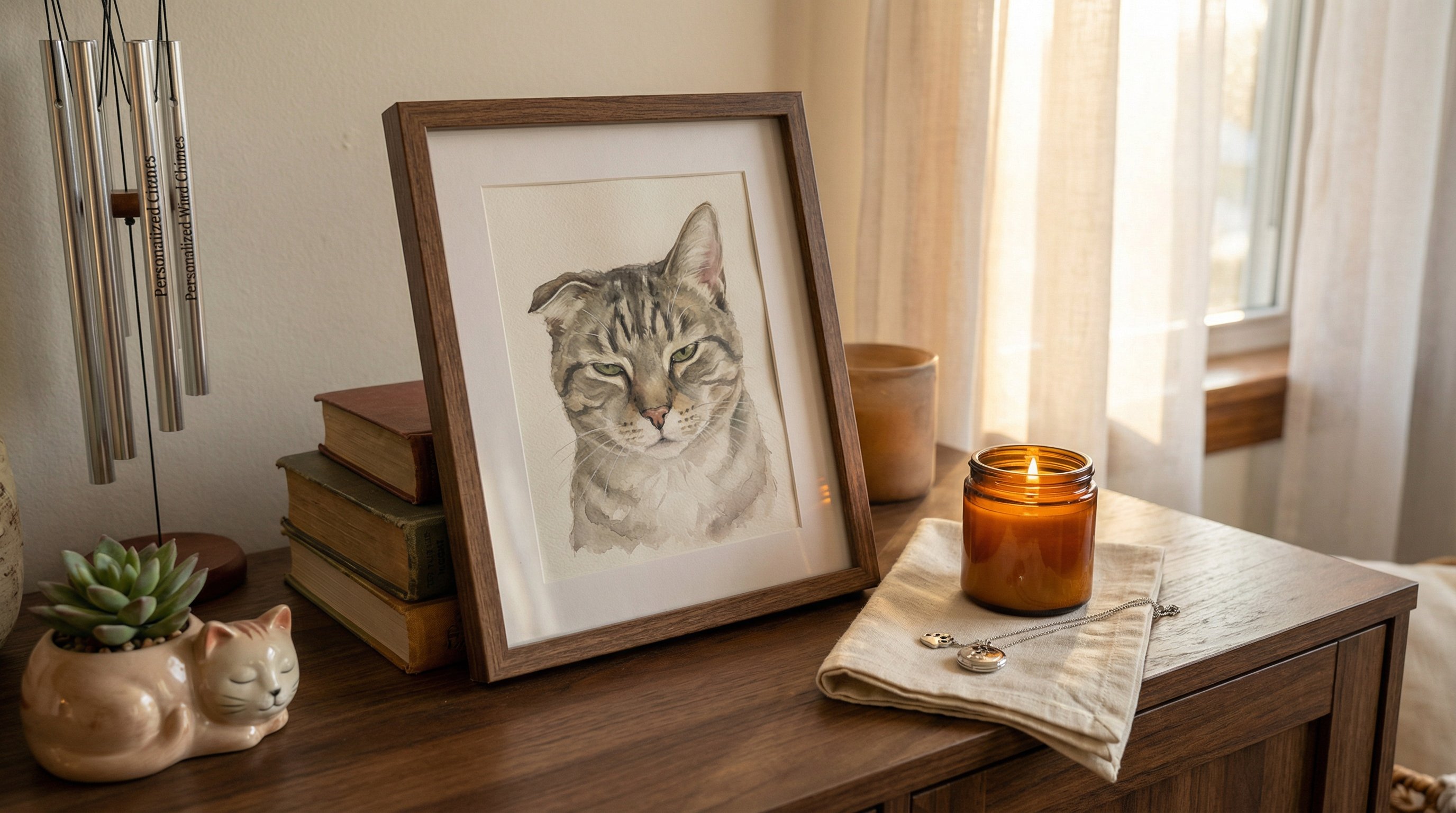 Framed custom cat portrait surrounded by sympathy keepsakes on a sunlit table.