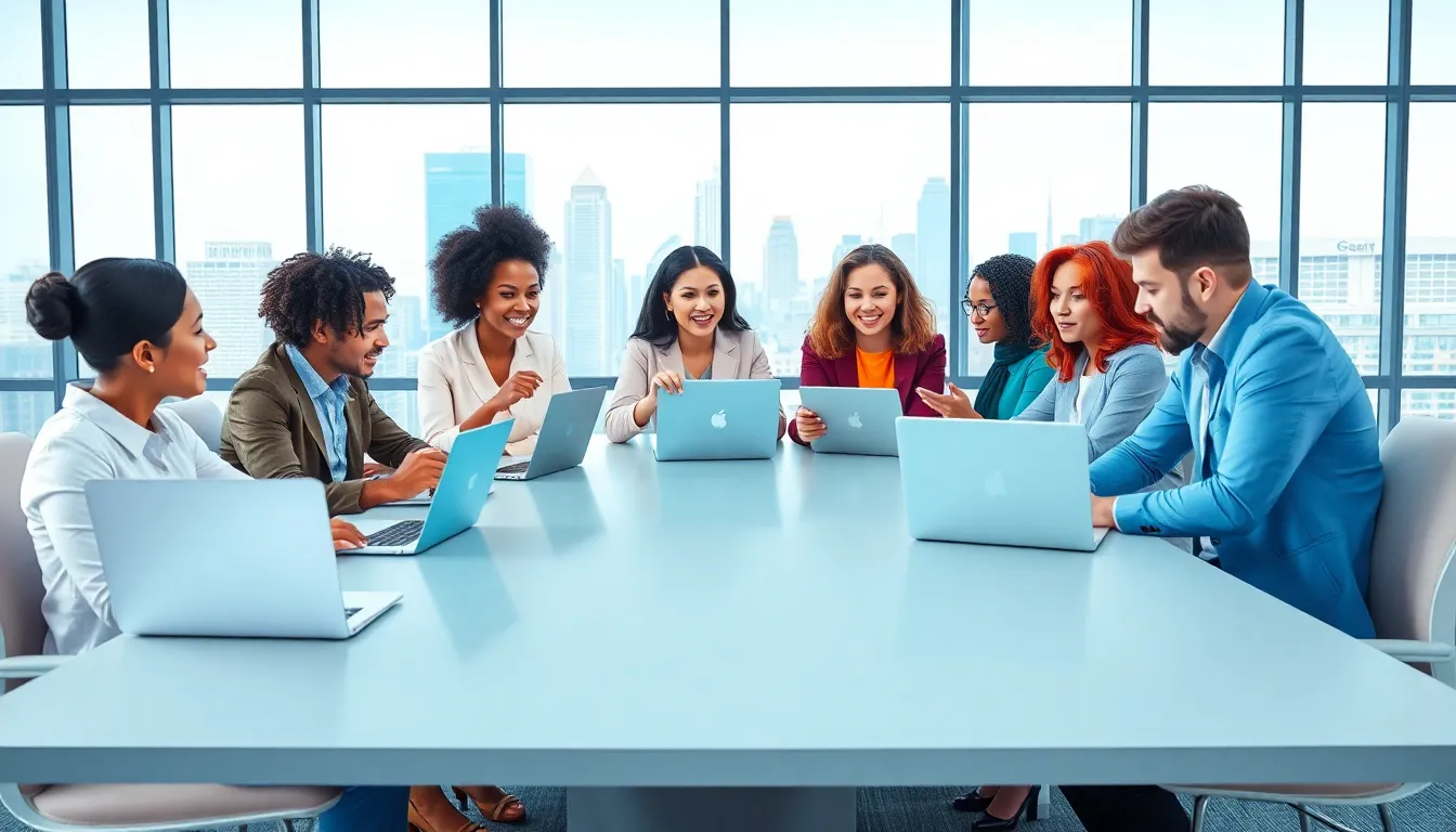 diverse professionals collaborating in a modern digital workspace.