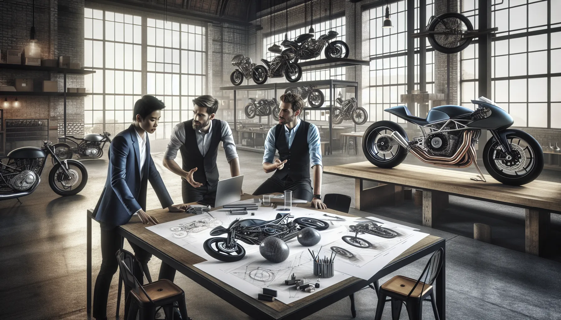 design team collaborating on modern motorcycle concepts in a bright workshop.