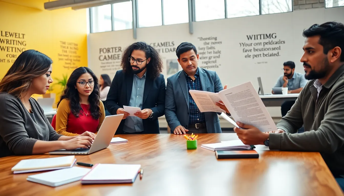 diverse writers collaborating in a modern workspace.