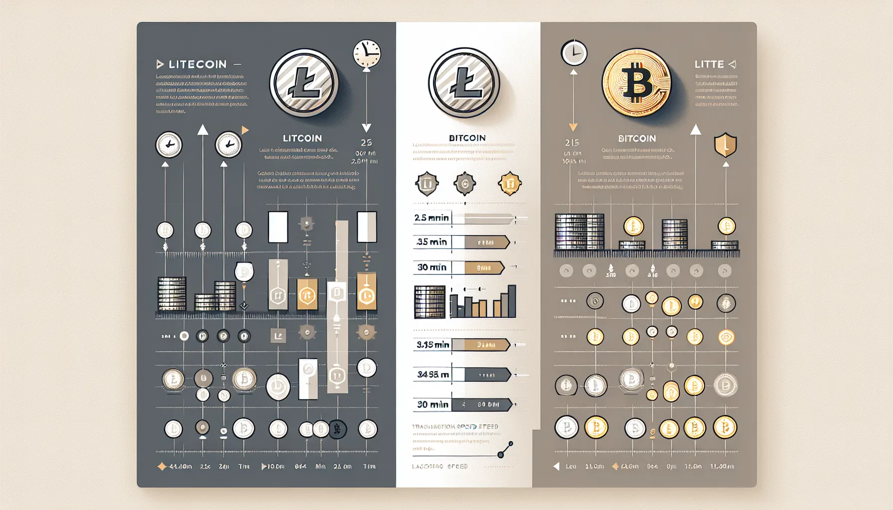 Comparison chart showing Litecoin versus Bitcoin block time, supply cap, and transaction fees.