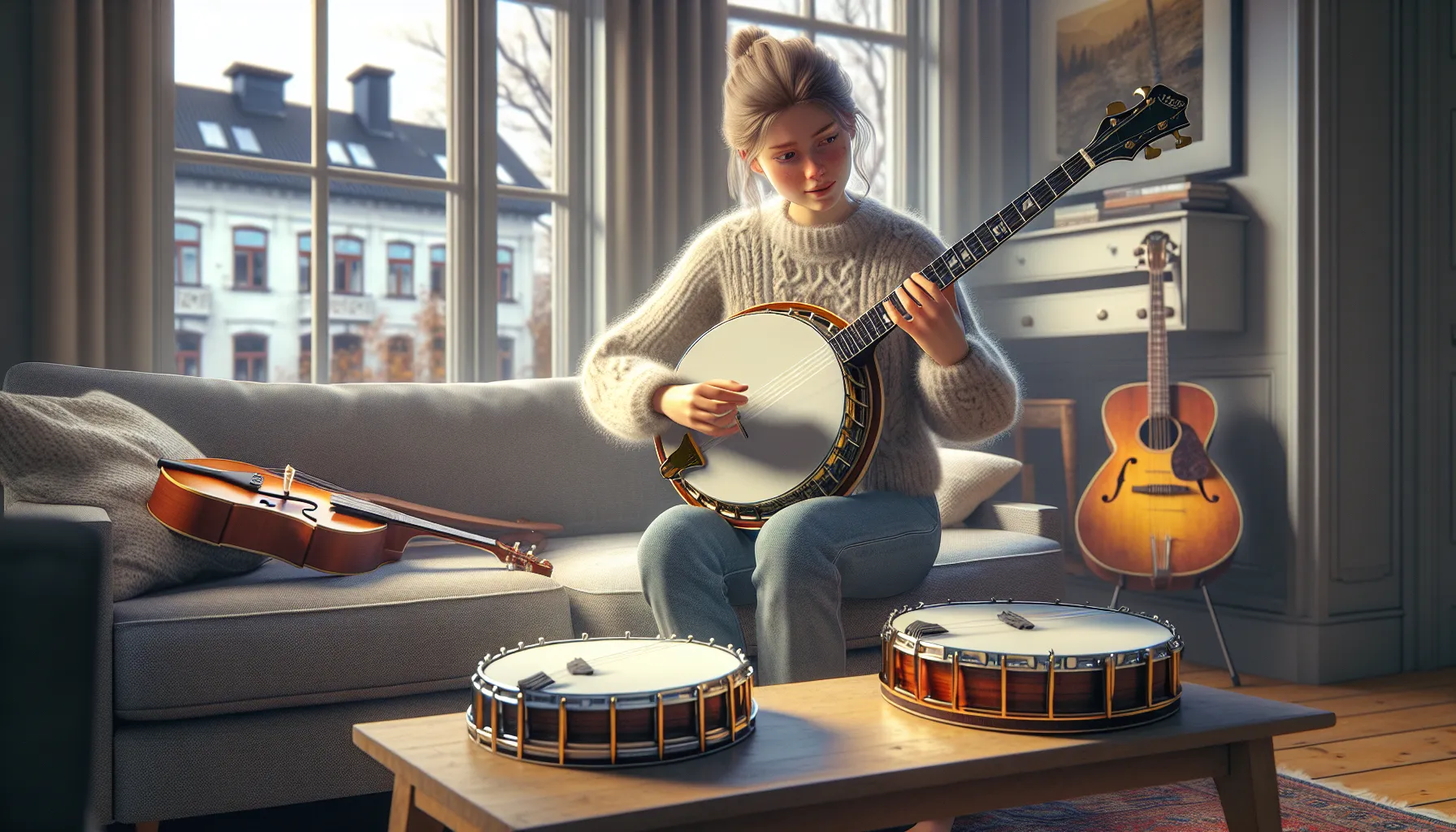 Young norwegian beginner comparing different banjo types in a cozy living room.