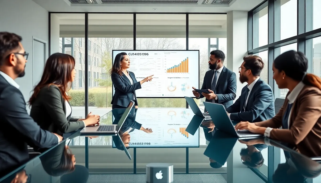 diverse professionals discussing technology in a modern conference room.