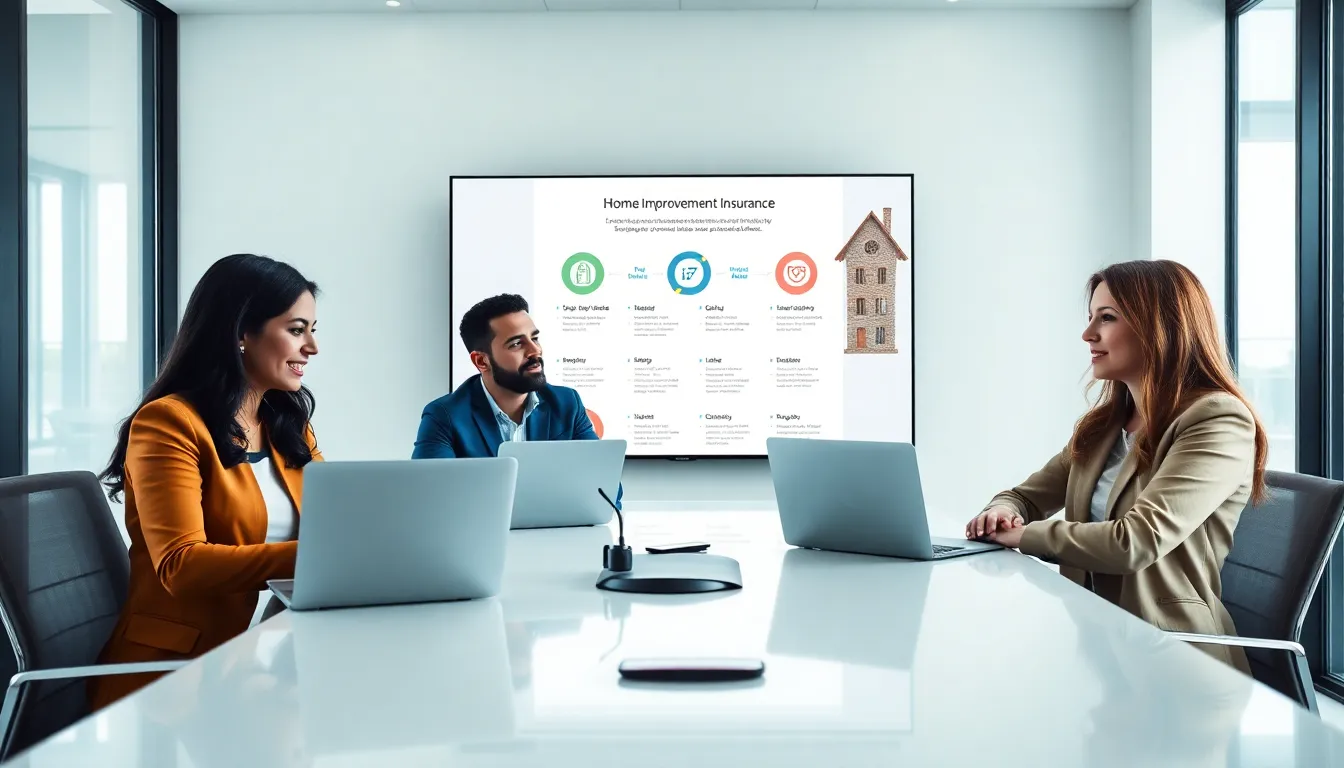 diverse team discussing home improvement insurance in a modern office.